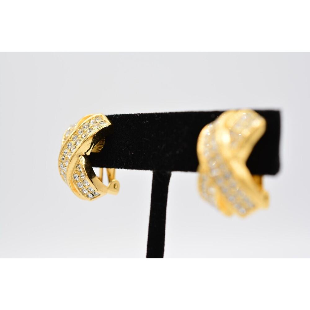 Christian Dior Vintage Clip On Earrings X Rhinestone Crystal Gold Signed BinAO - Picture 3 of 13